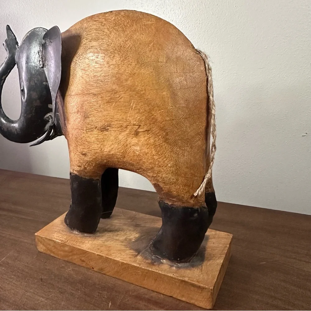 Pier 1 Imports Tropical Hardwood and Tin Hand Carved Elephant Figurine 10” Decor